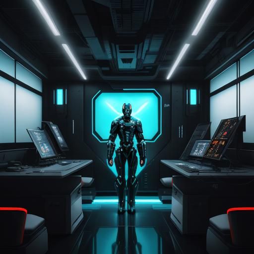 Sci-Fi Robot in Dimly Lit Control Room