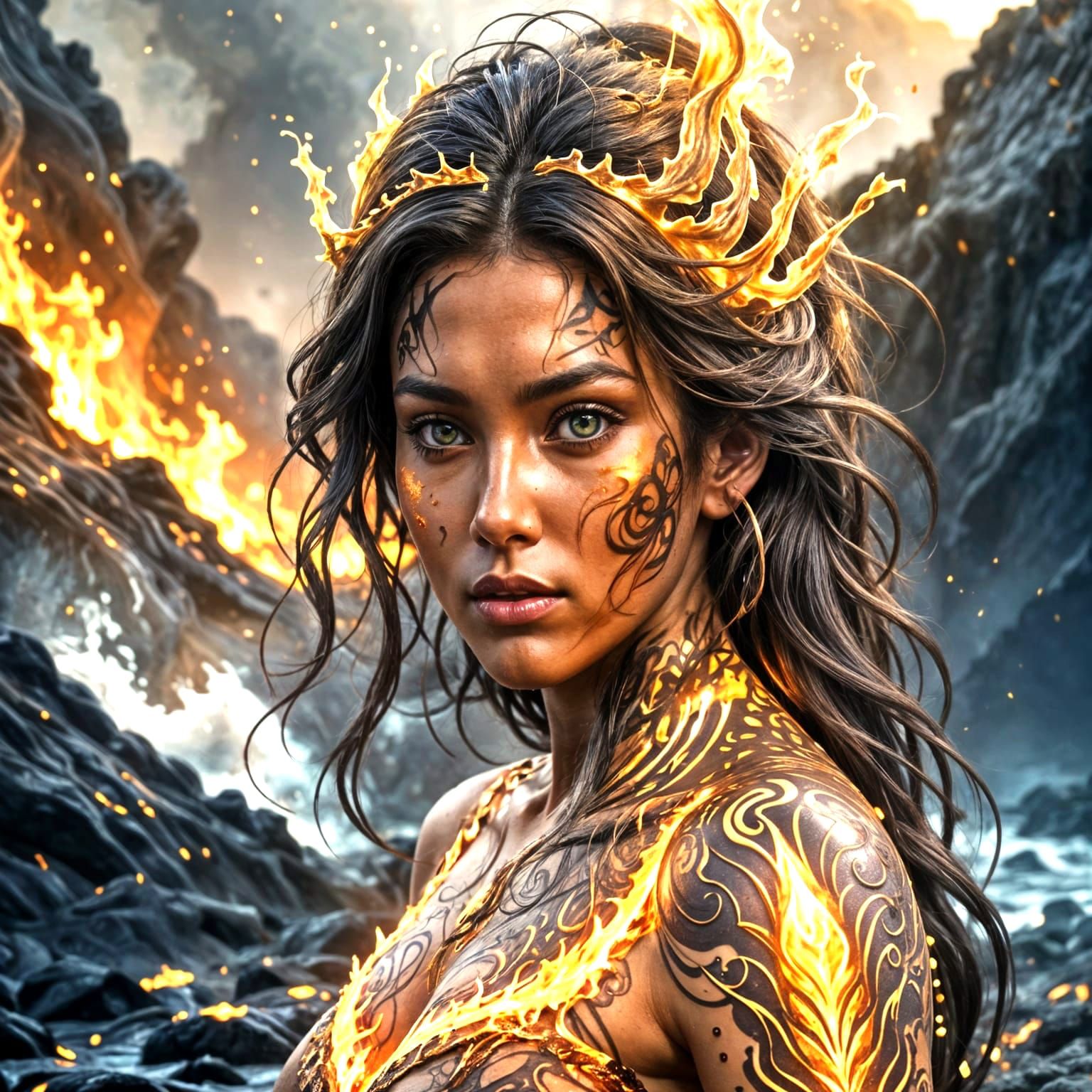 Siren Rising from Fiery Inferno in Hyperrealistic Style