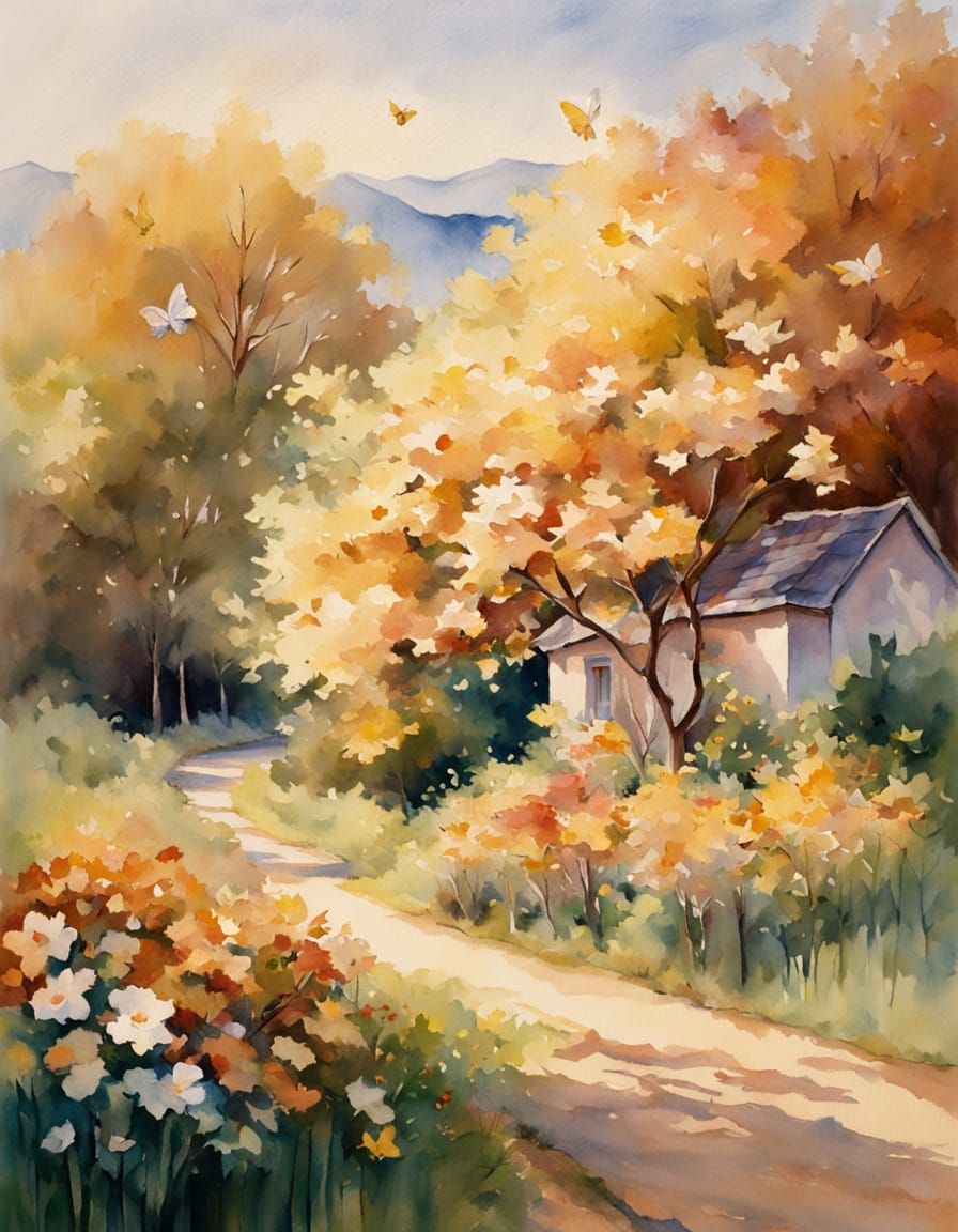 Ethereal Greek Village Scene in Neo-Impressionist Style