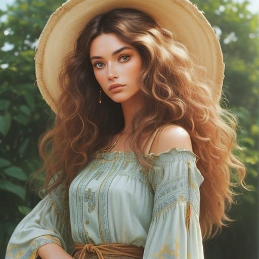1970s Boho-Chic Fashion Model in Sun-Drenched Outdoors