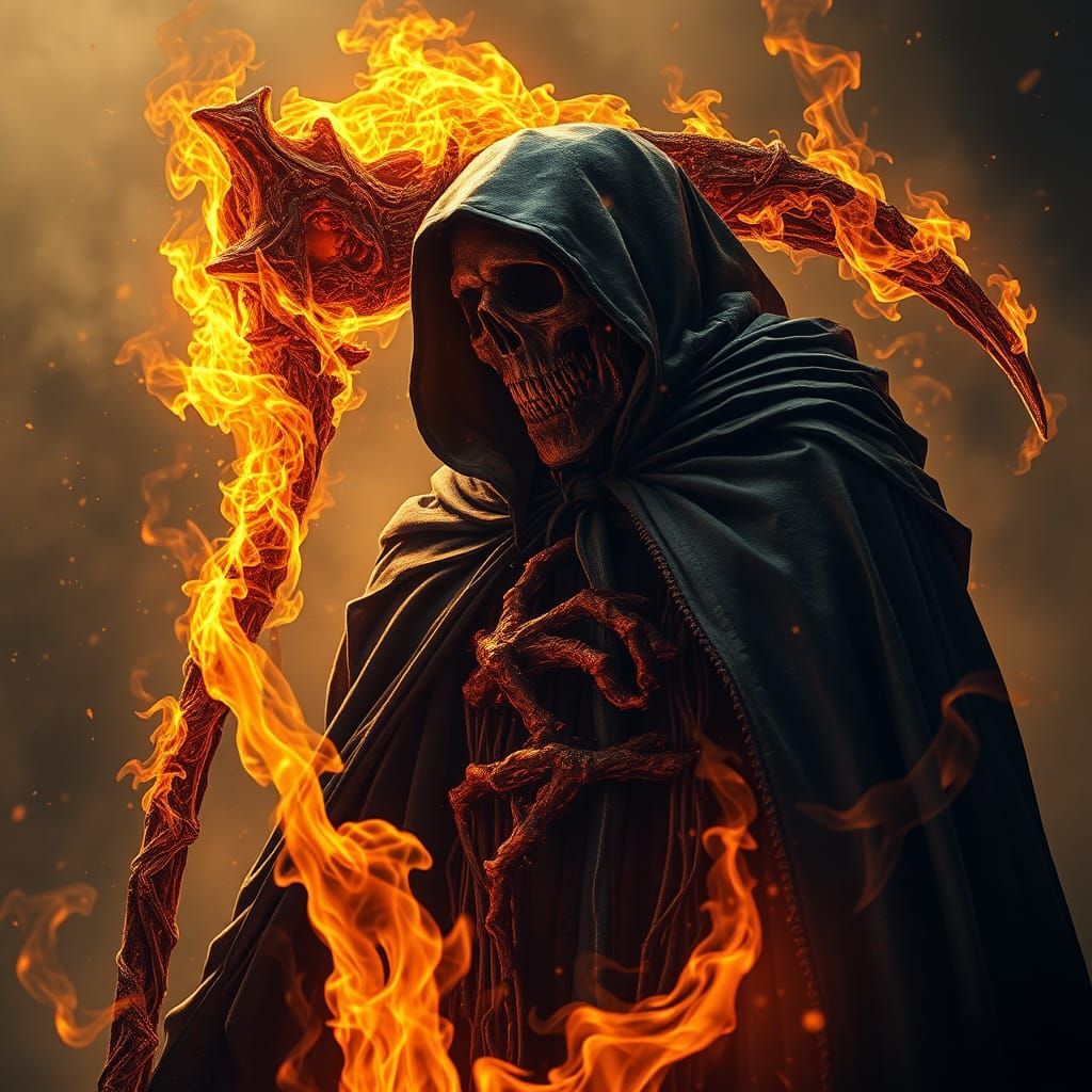 ""Insane depth, a Glassblown fiery grim reaper with dark coat surrounded by bright gold flames, ashes falling from the s...