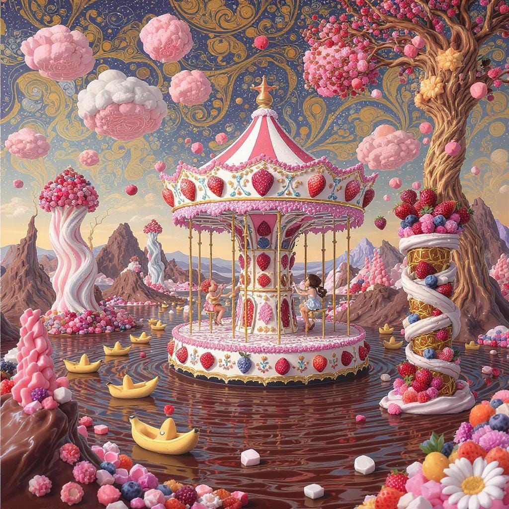 Surreal Candy Carousel in Dreamlike Landscape
