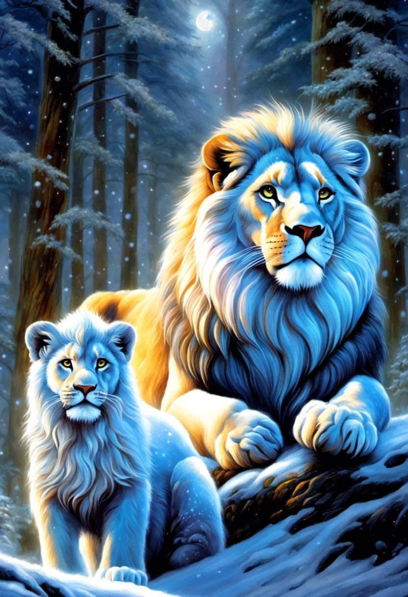 Fluffy Lions in Shimmering Ice Snow