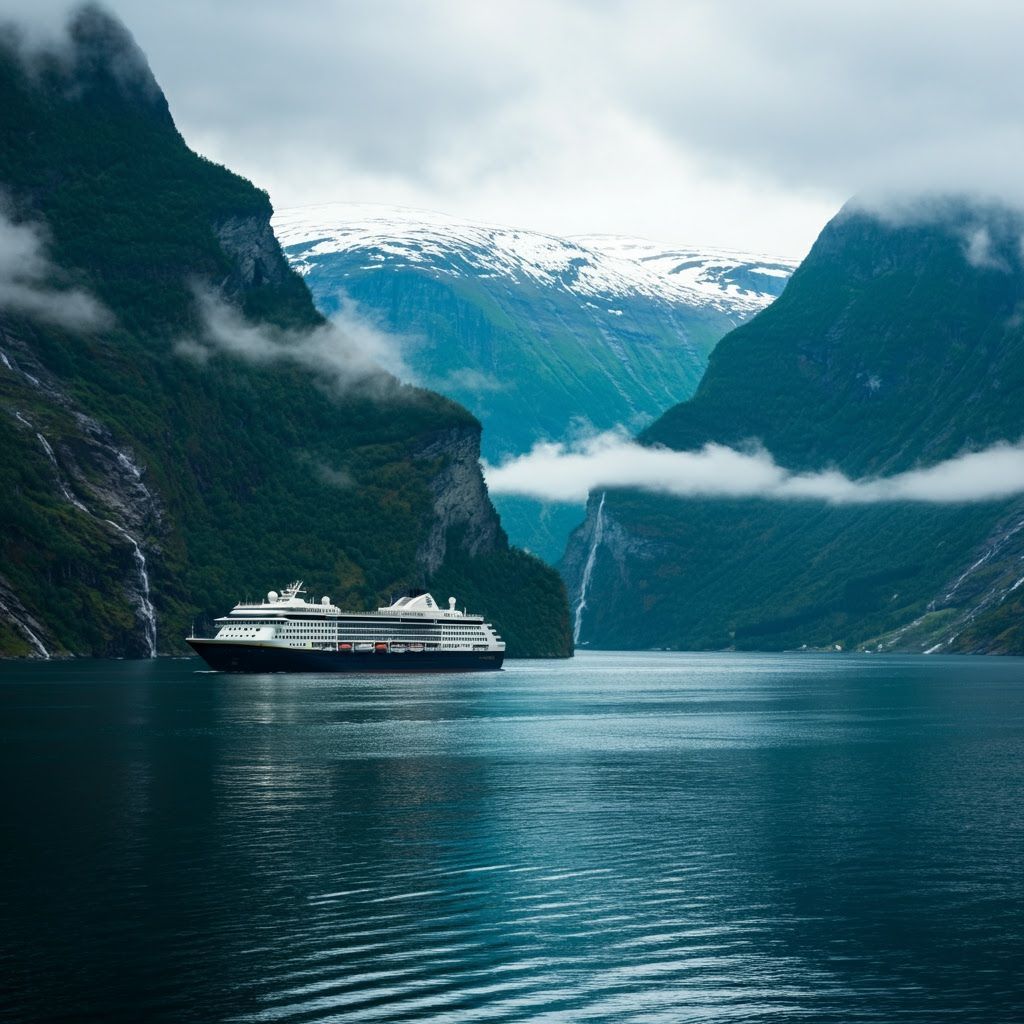 Spectacular Fjord Cruise Liner Amidst Towering Mountains
