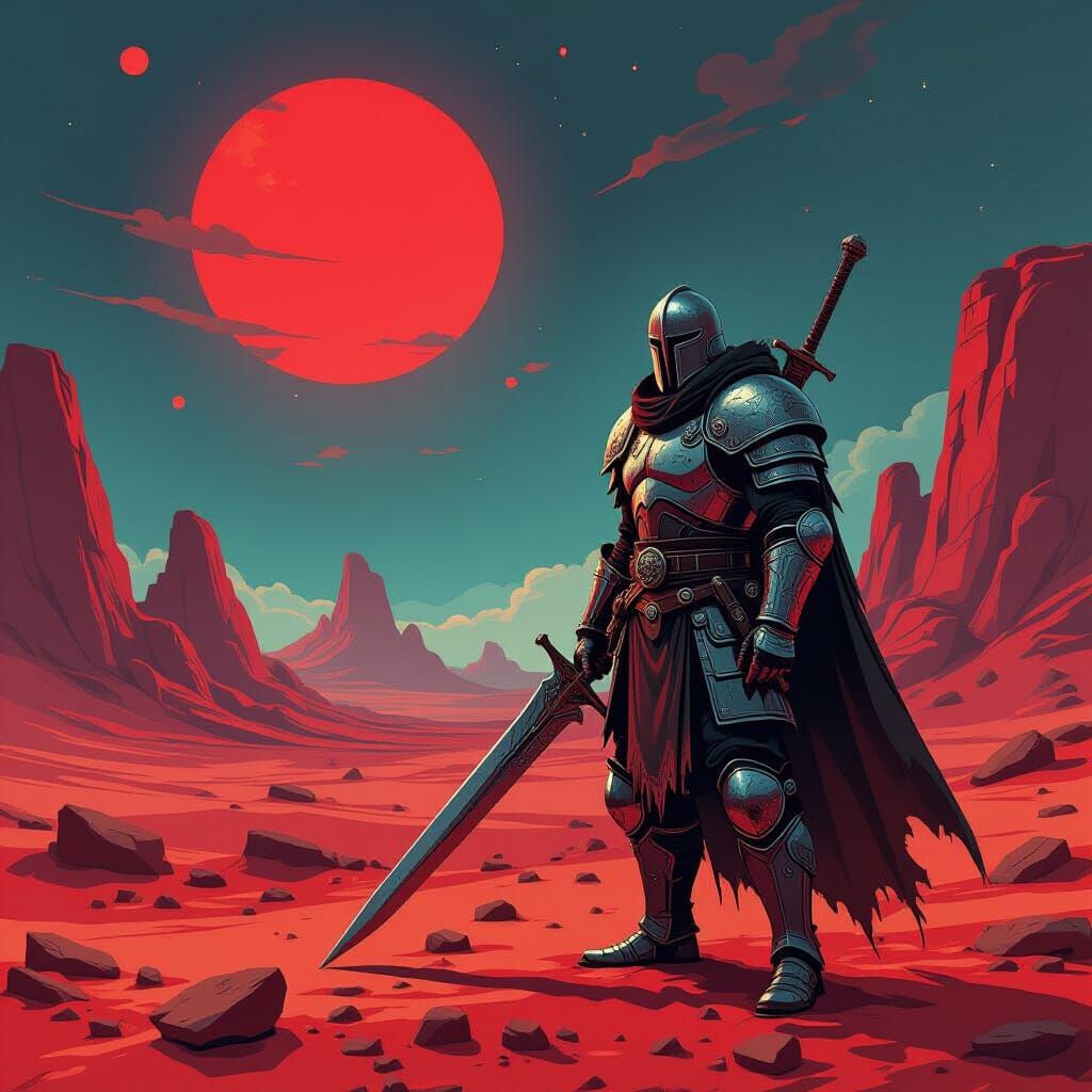 Viking Warrior on Alien Planet with Crimson Sky