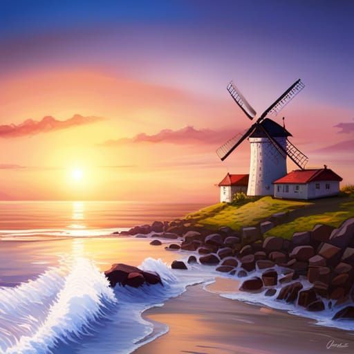 Ocean Windmills at Dusk in Hyperrealistic Style