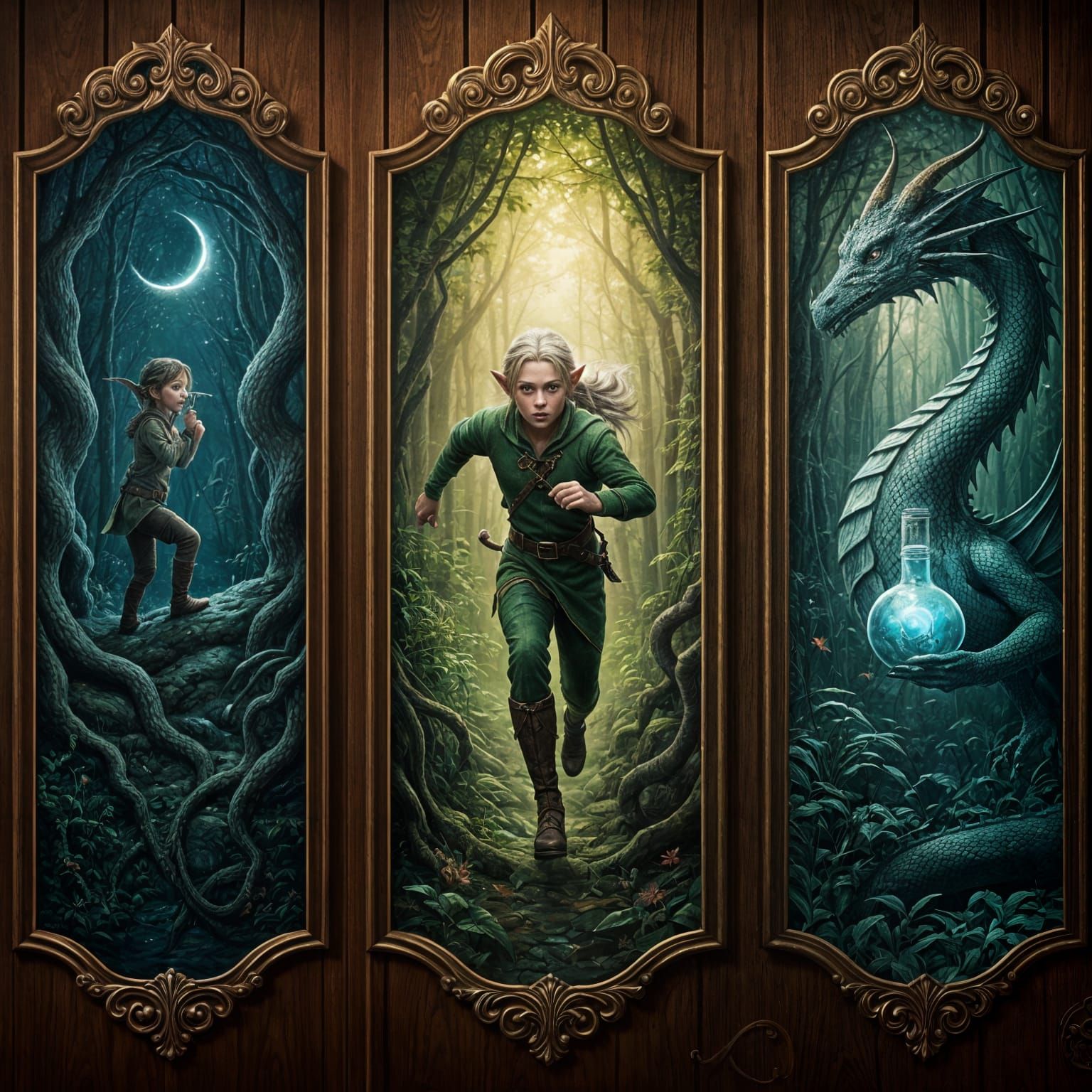 Fantasy Triptych: Child, Elf, and Dragon Paintings