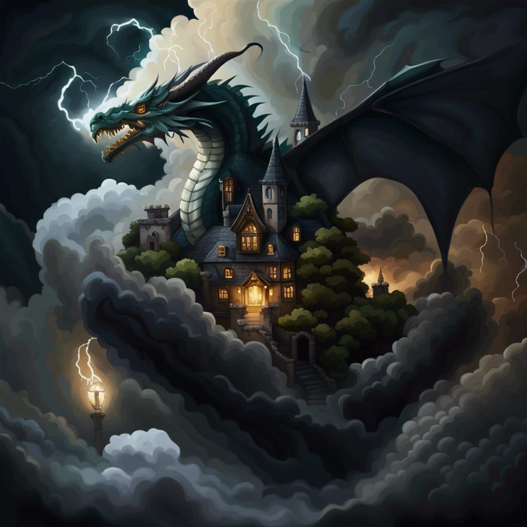 Dragon in Haunted Manor During Stormy Night