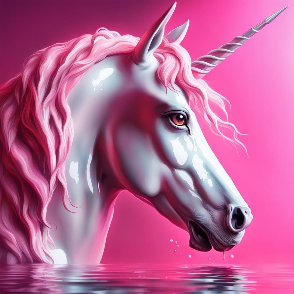 Hyperrealistic Pink Unicorn Watching Reflection