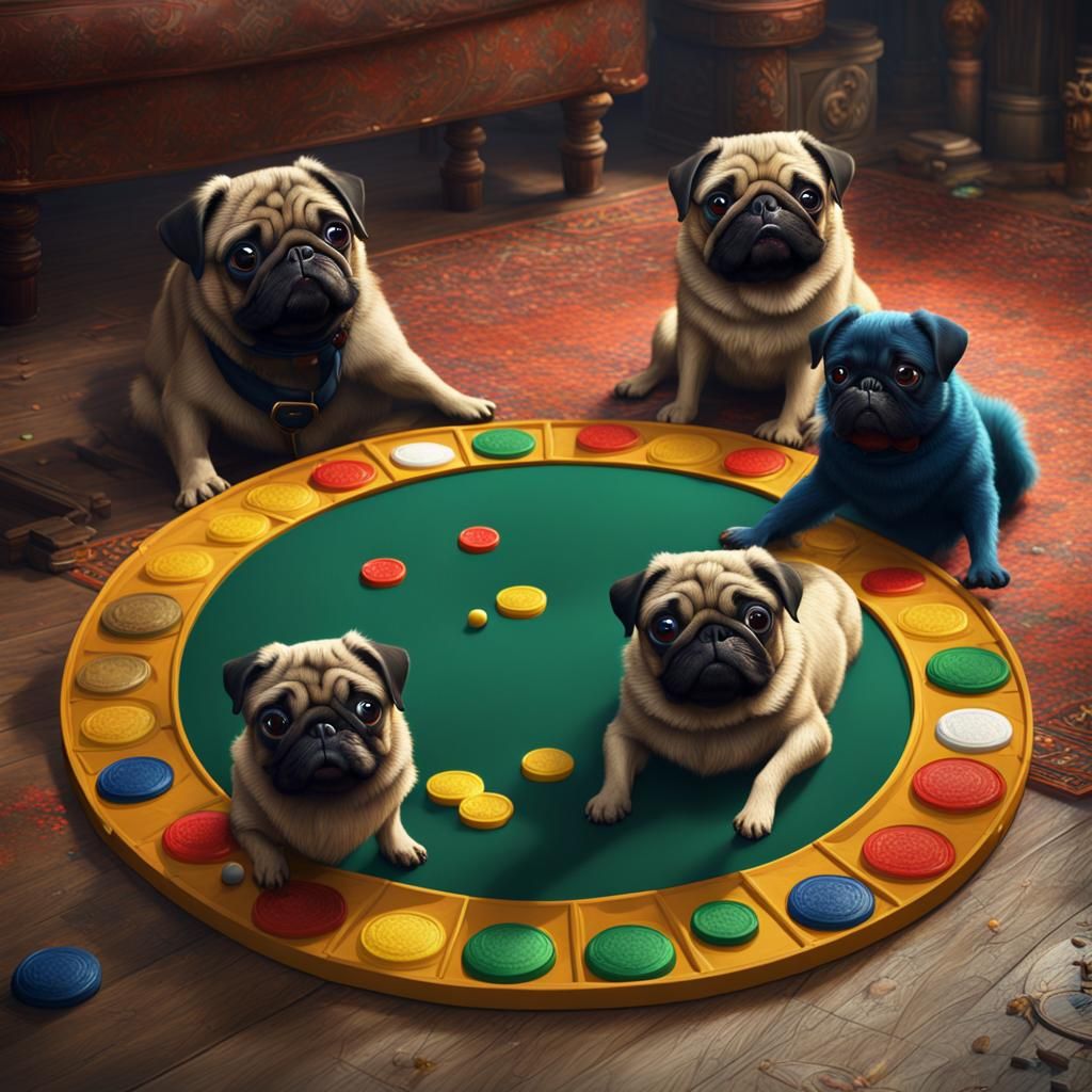 Pugs Playing Tiddlywinks in Detailed Matte Painting