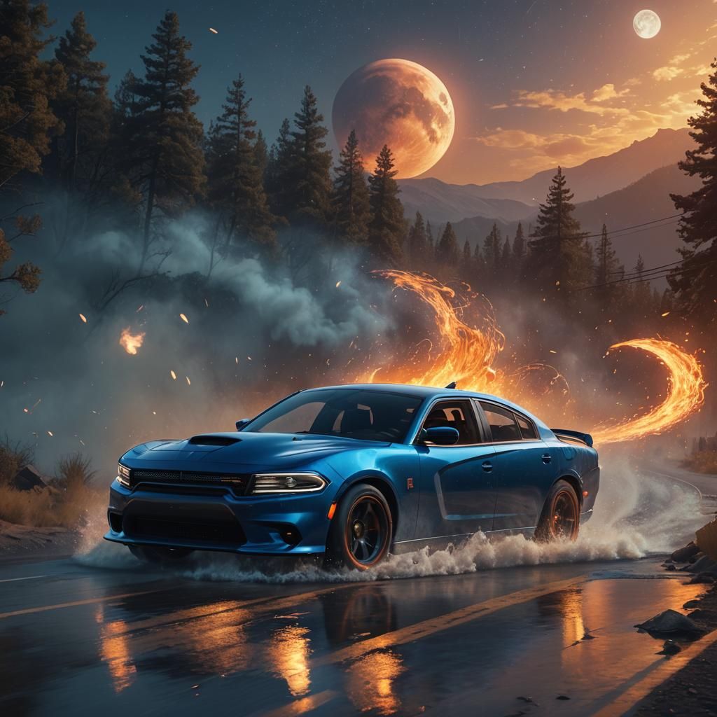 Blue Dodge Charger Races Under a Fiery Moon