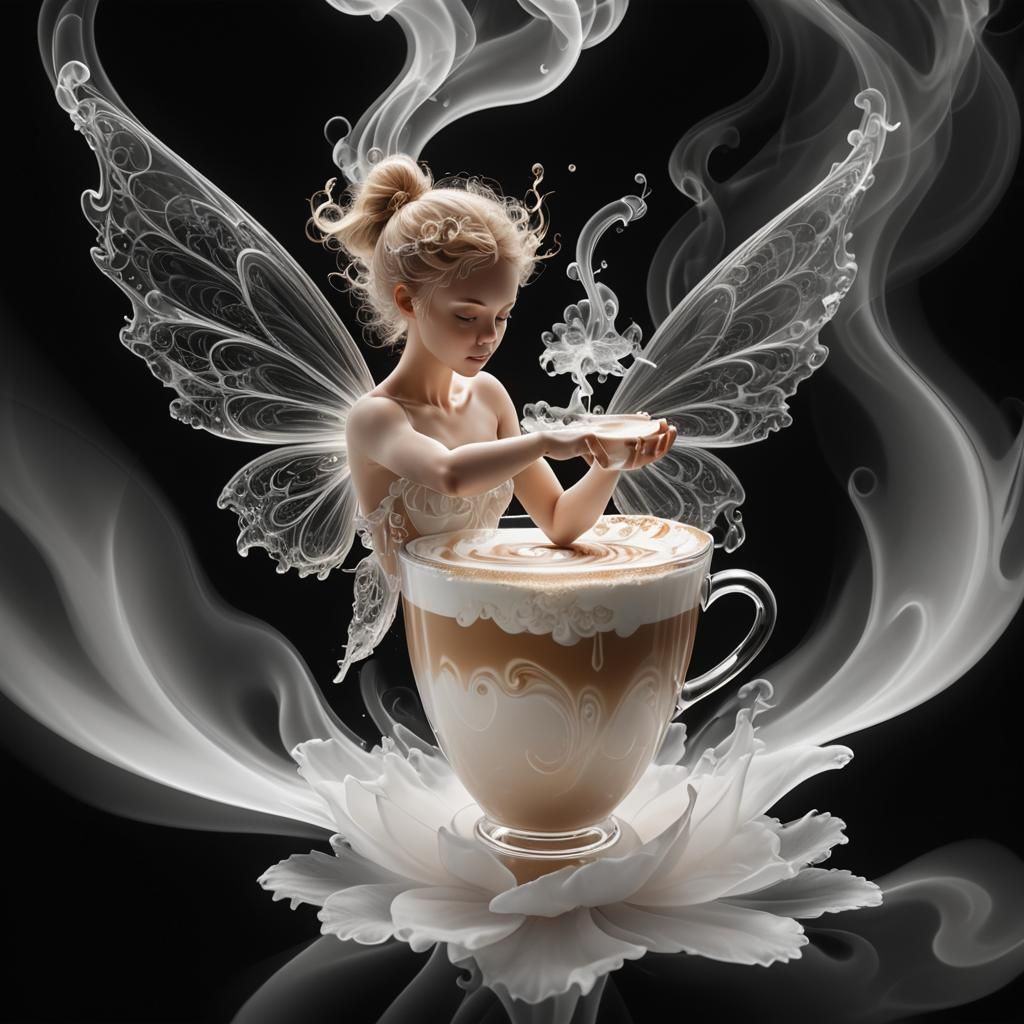 Fractal Smoke Fairy Rising From Glass Latte Cup