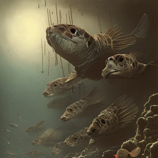 Tropical Fish and Turtles in Gothic Horror Style