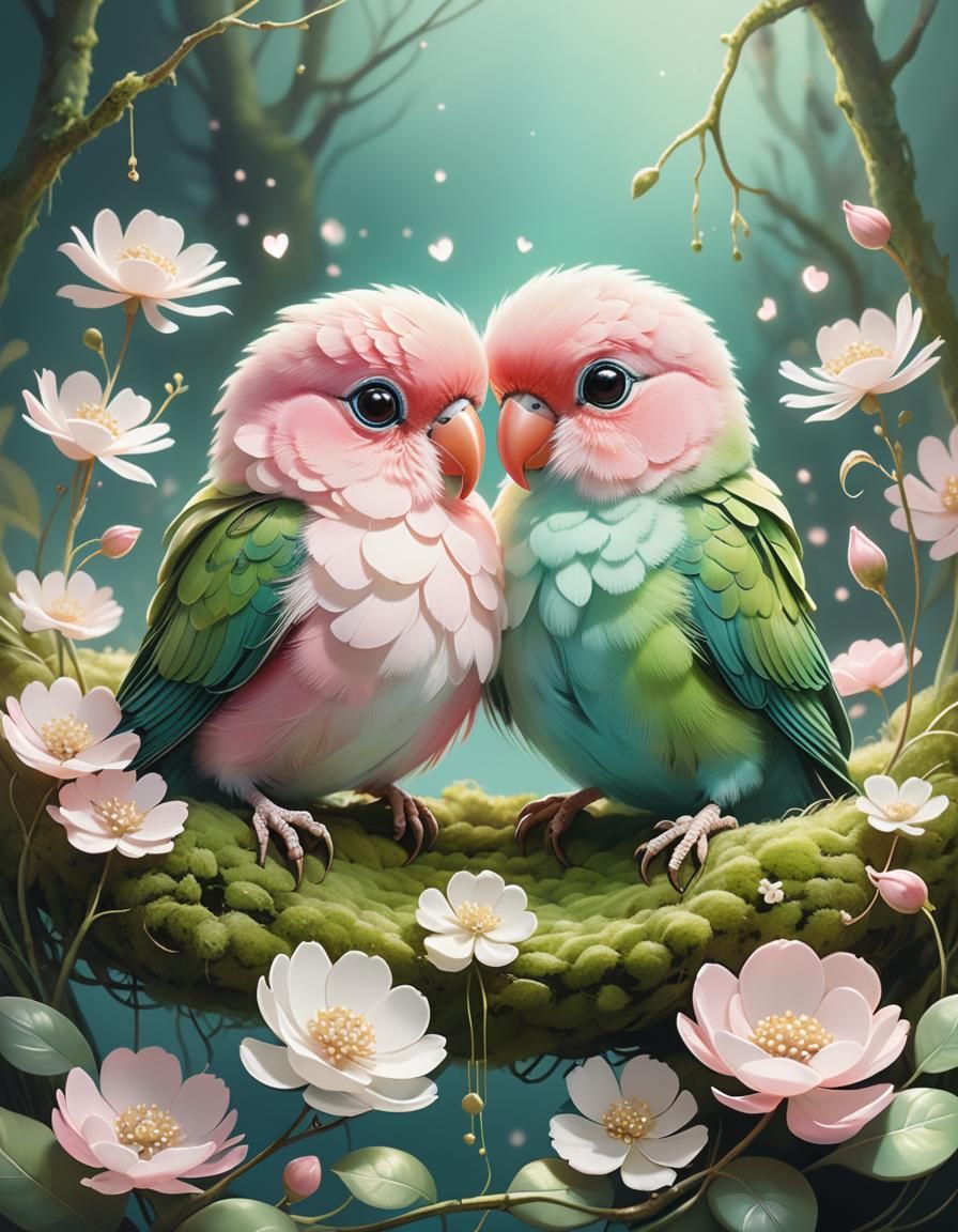 Dreamlike Lovebirds with Ethereal Flower Illustration