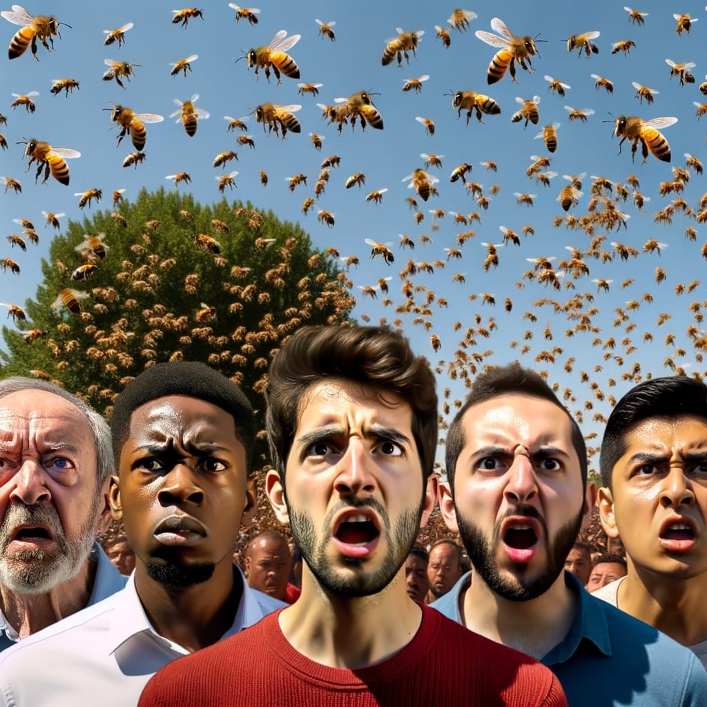 Diverse Men Flee as Thousands of Bees Swarm in a Vibrant, Im...