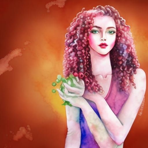 Ethereal Woman with Berries in Watercolor Style