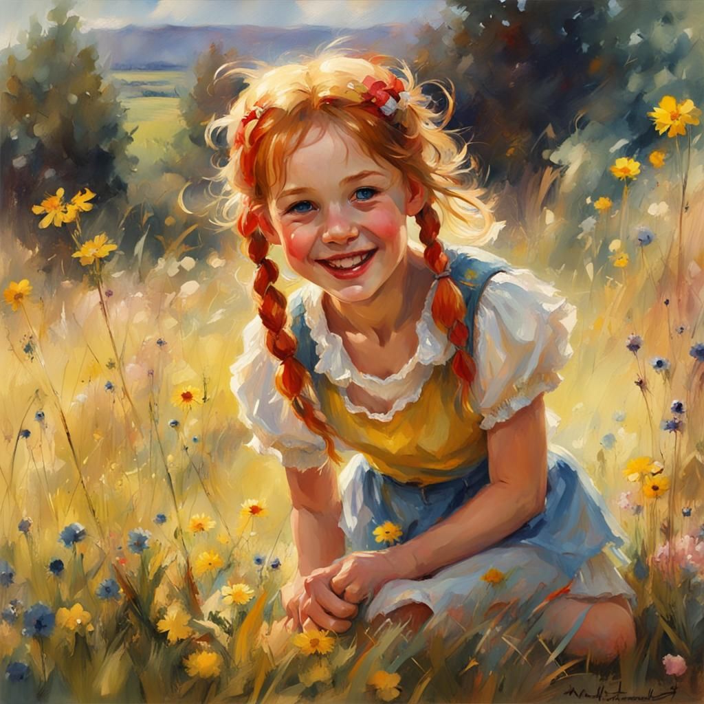 Girl Playing in Meadow, 3D Watercolor Painting