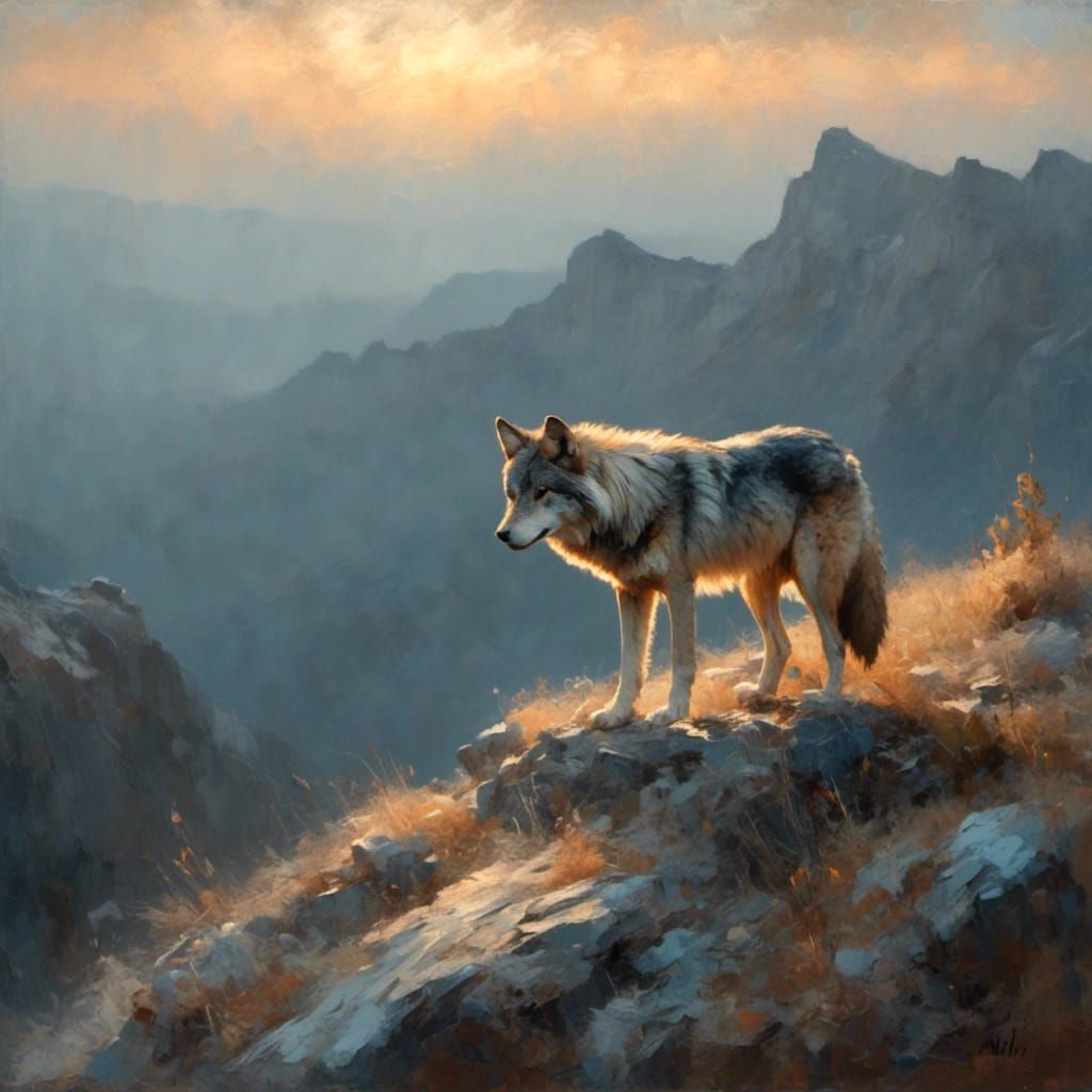 Lone Wolf Oil Painting in Bierstadt Style