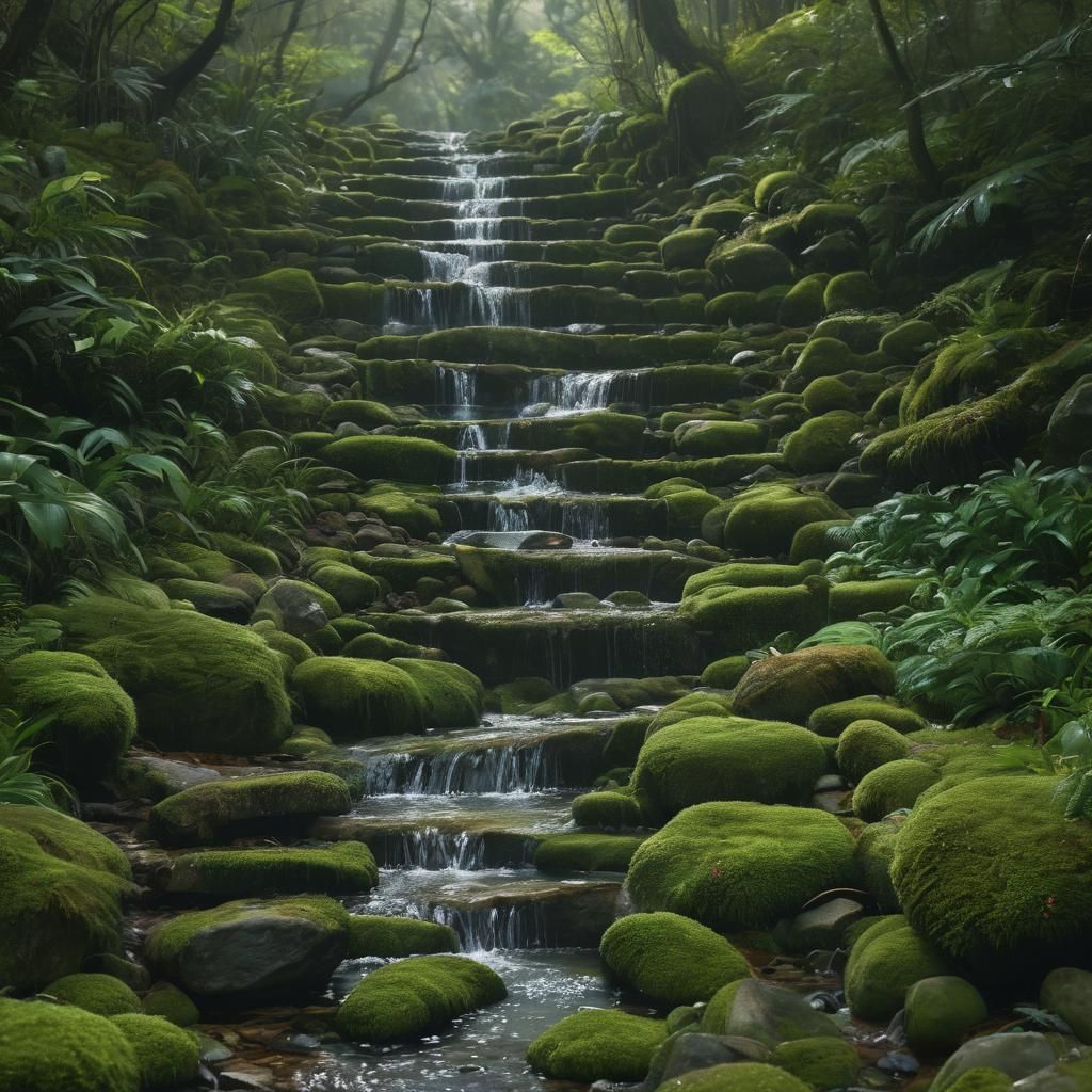 Emerald Forest Waterfall: Maximalist Digital Painting