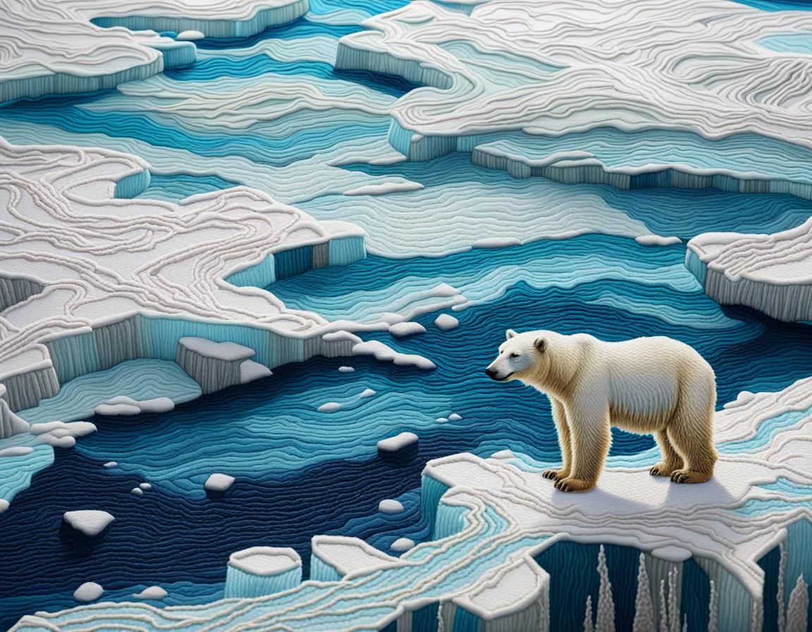 Embroidered Polar Bear on Melting Arctic Ice