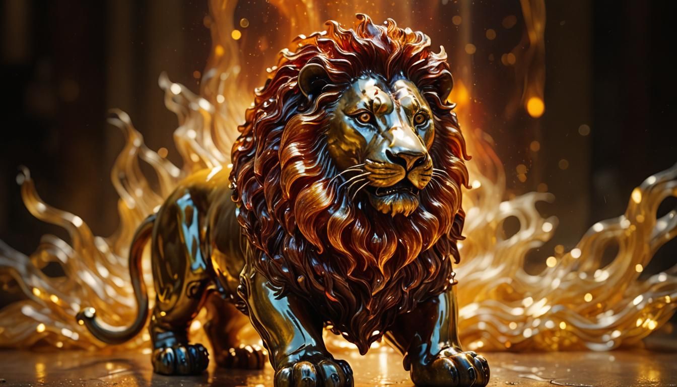 Glass Lion Figurine with Fiery Mane in Oil Painting Style