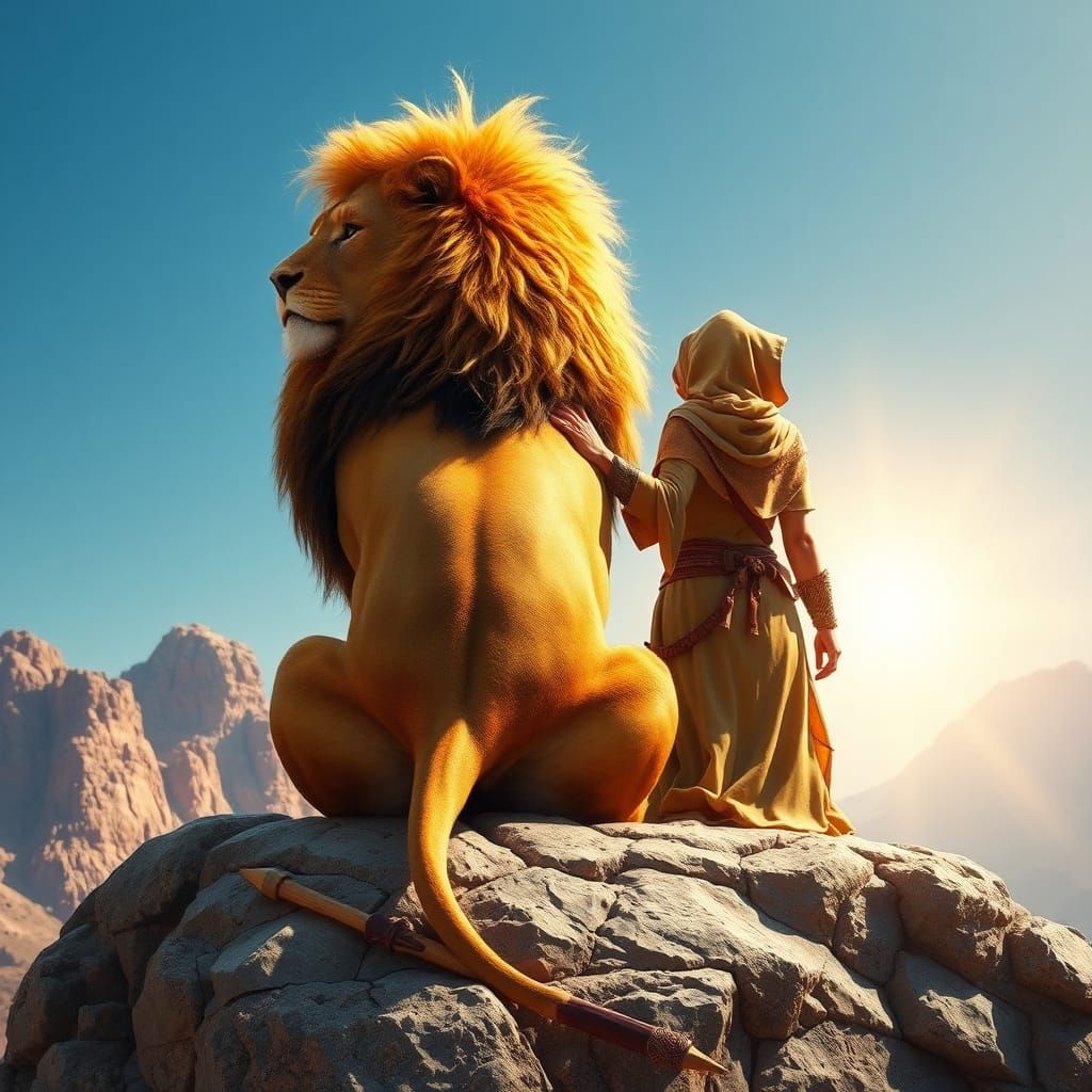 Lion and Warrior in Sunlit Landscape