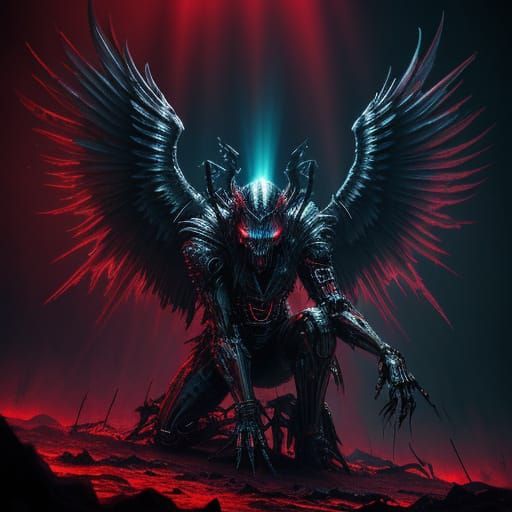 Cybernetic Fallen Angel in Dark Surrealism