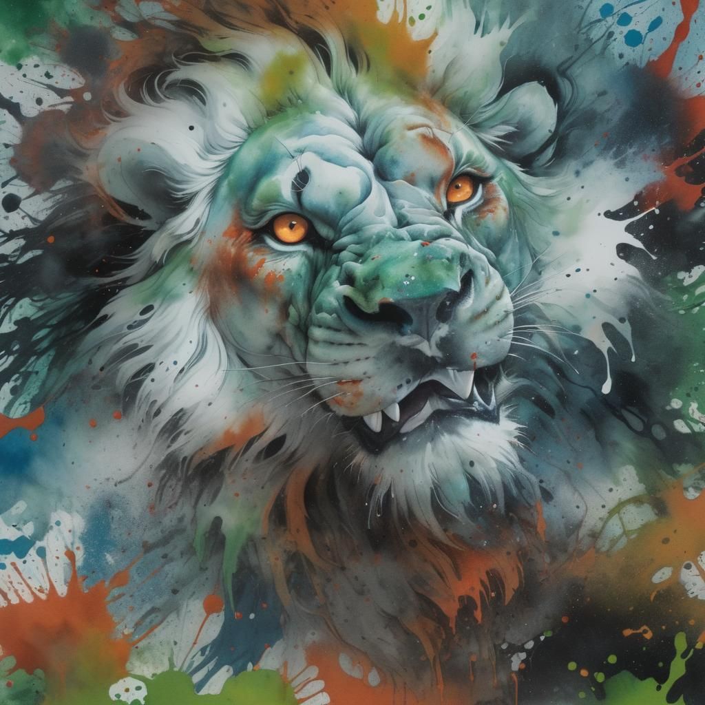 Terrifying Ghost Lion in Splatter Ink Style