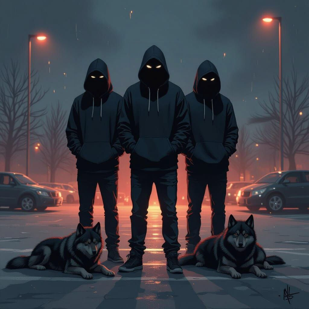 Gangsters with Wolves in Dark Parking Lot