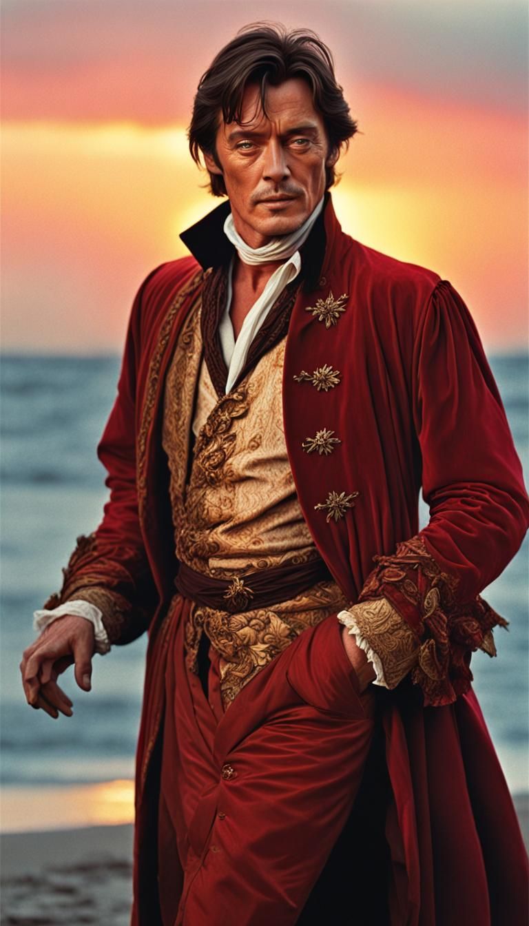 Dashing Buccaneer in Crimson Coat Against Blue Ocean