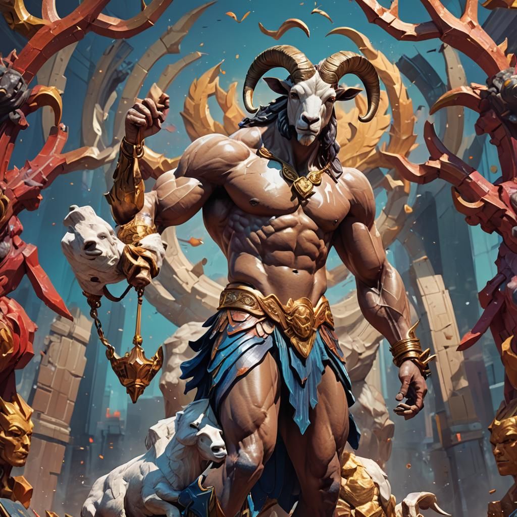 Majestic Goat-Headed Figure in Hyperrealistic Splash Art