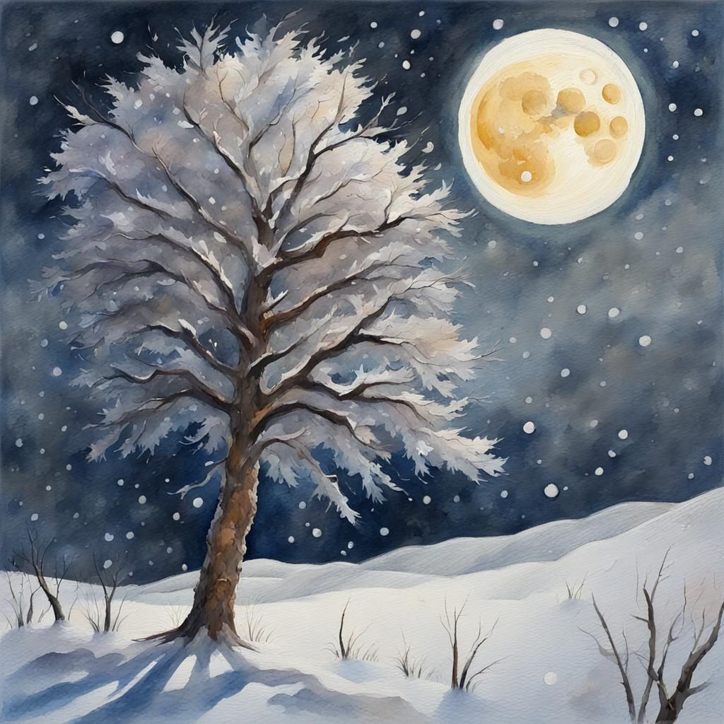 Snowy Tree under Full Moon: Impressionist Gouache Painting
