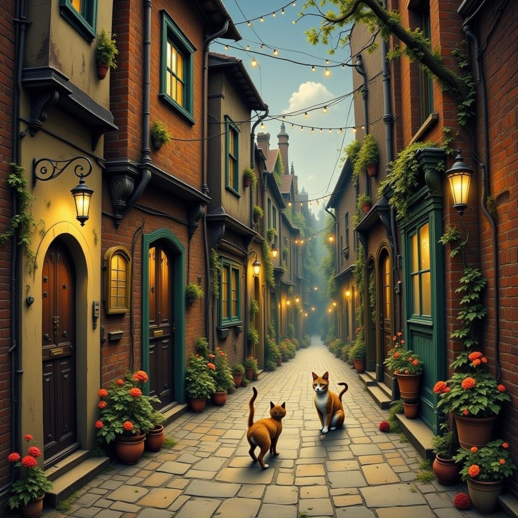 Whimsical Alley Cat Wandering Cobblestone Streets