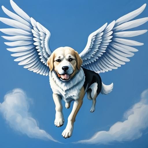 Dog with Wings in Detailed Gouache Painting