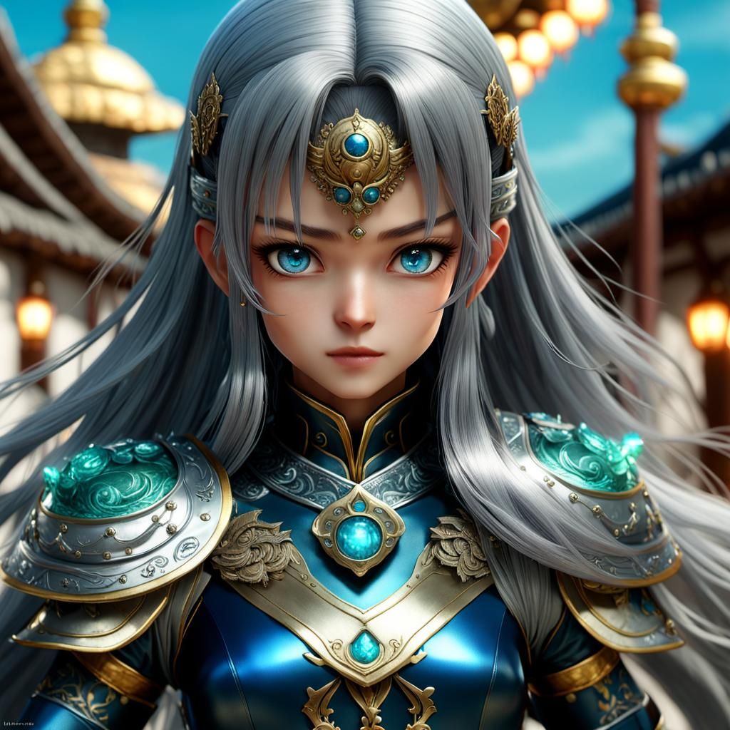 Anime Character with Silver Hair and Blue Armor