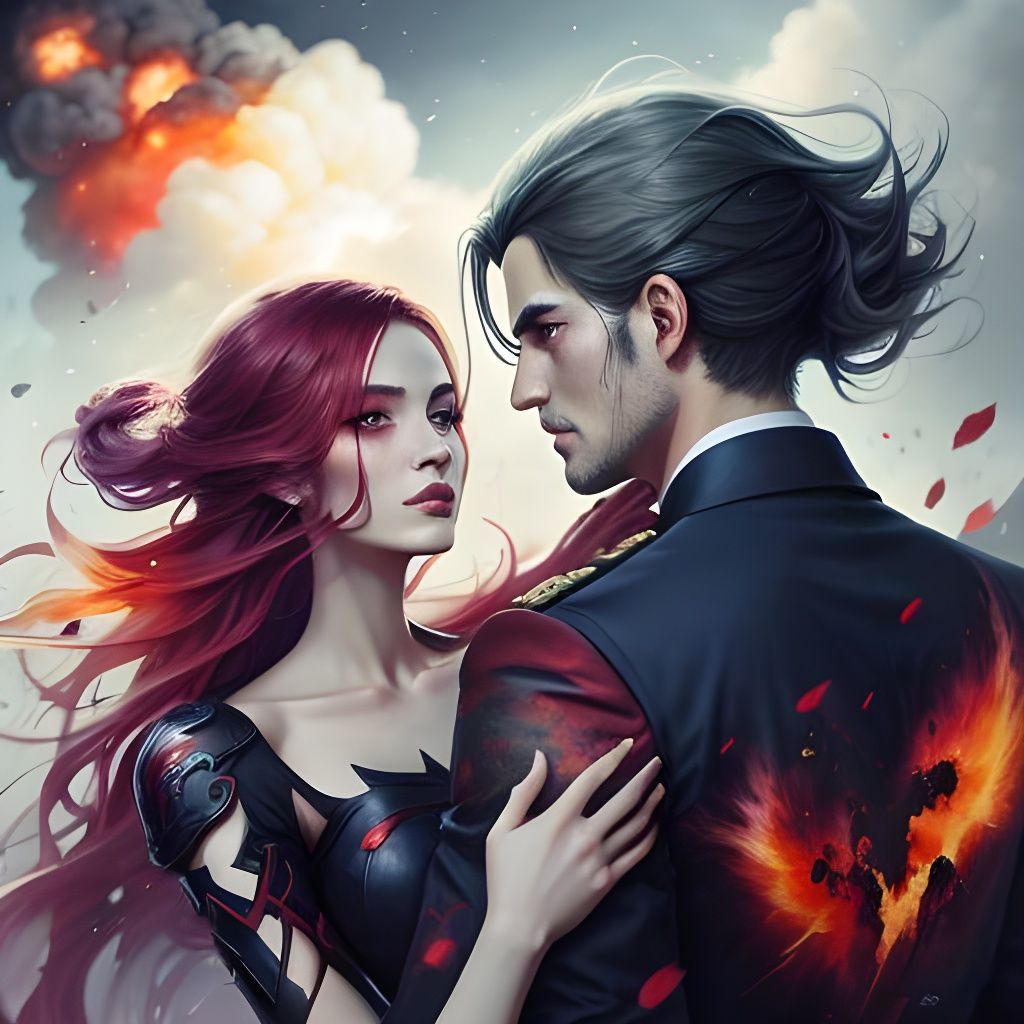 Painterly Couple Embrace Amidst Battlefield Fire