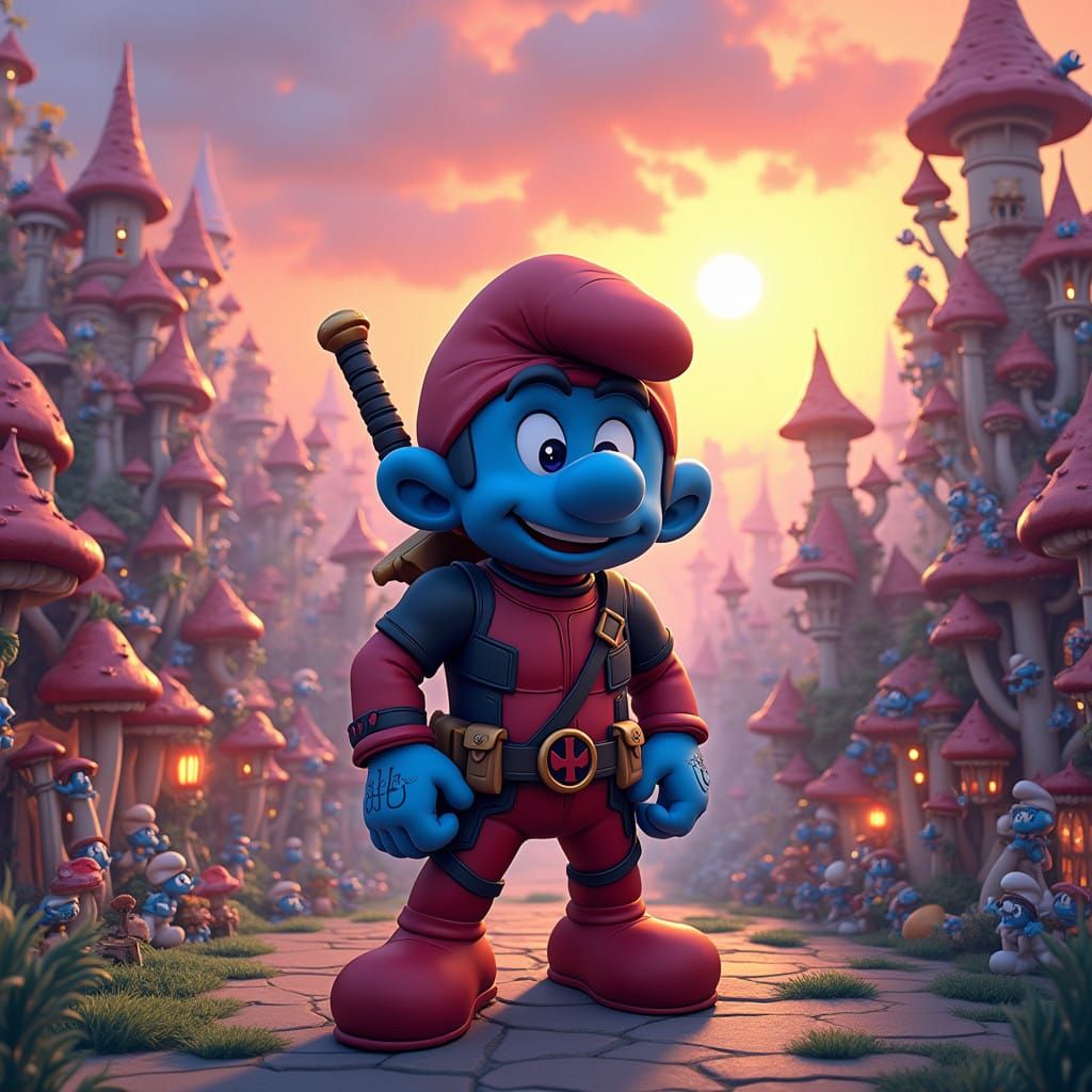 Deadpool Transformed into a Smurf in Vibrant 3D Cityscape wi...