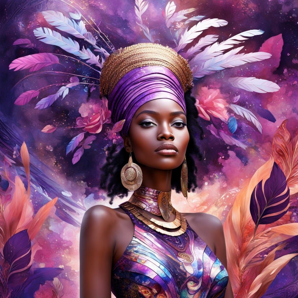 African Woman in Haute Couture: Holographic Astral Illustrat...