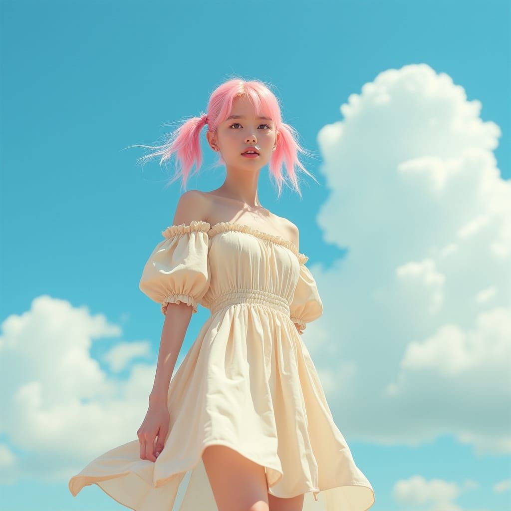 Pink-Haired Woman in Summer Dress, Art Nouveau Style