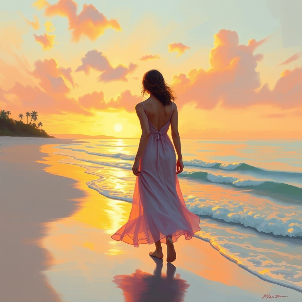 Woman on Beach at Sunset in Impressionist Style