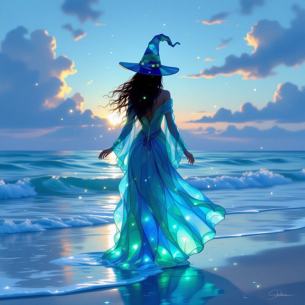 Sea Glass Witch on Shoreline at Twilight