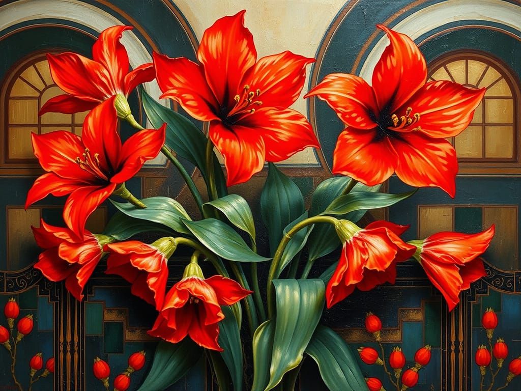 Red Flowers in Art Deco Impasto Style
