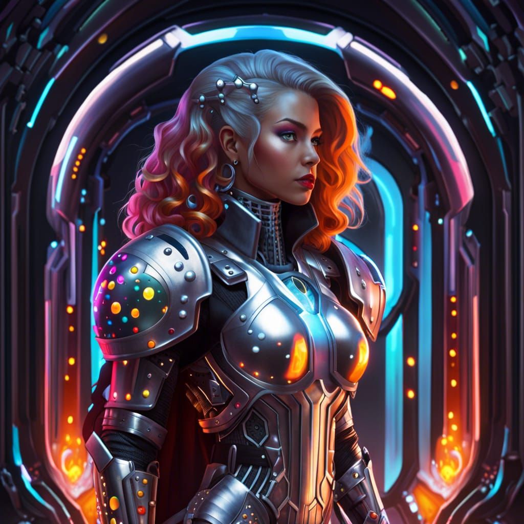 Futuristic Armored Figure with Lava Lamp Chest