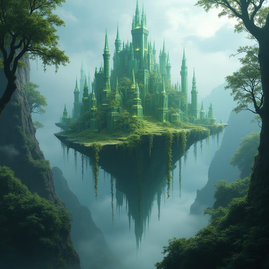 Glass Castle Floating Above Misty Forest, Fantasy Art
