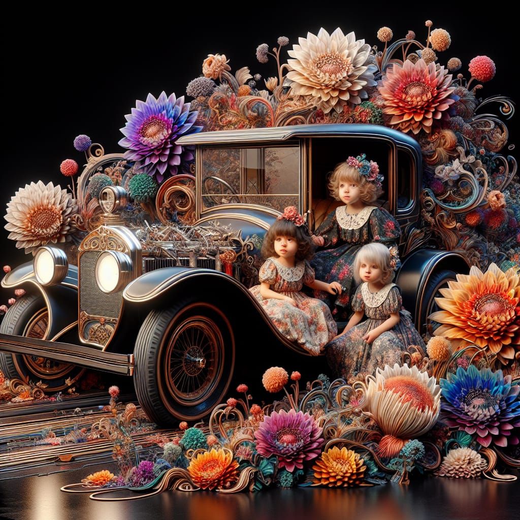 Girls in Retro Car with Fantasy Flowers, Matte Painting
