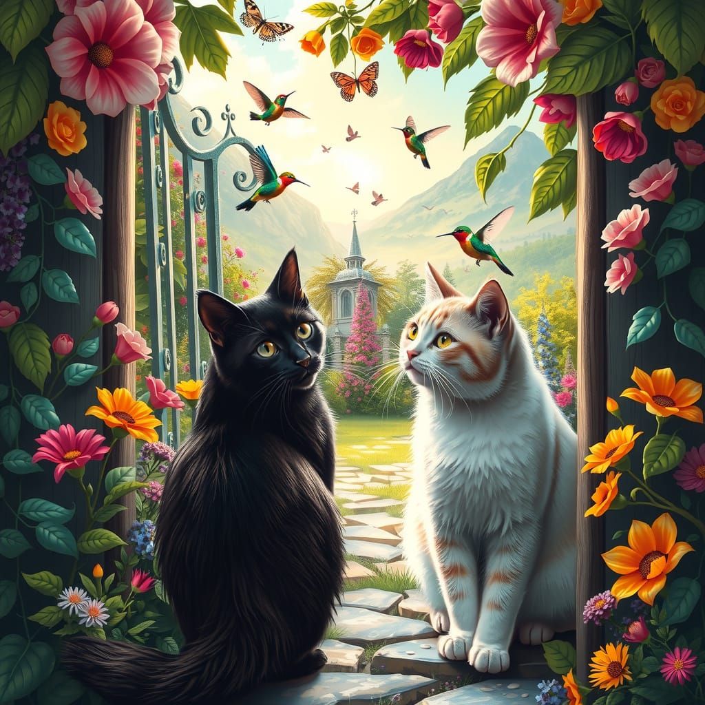 Cats Explore Enchanted Garden with Hummingbirds