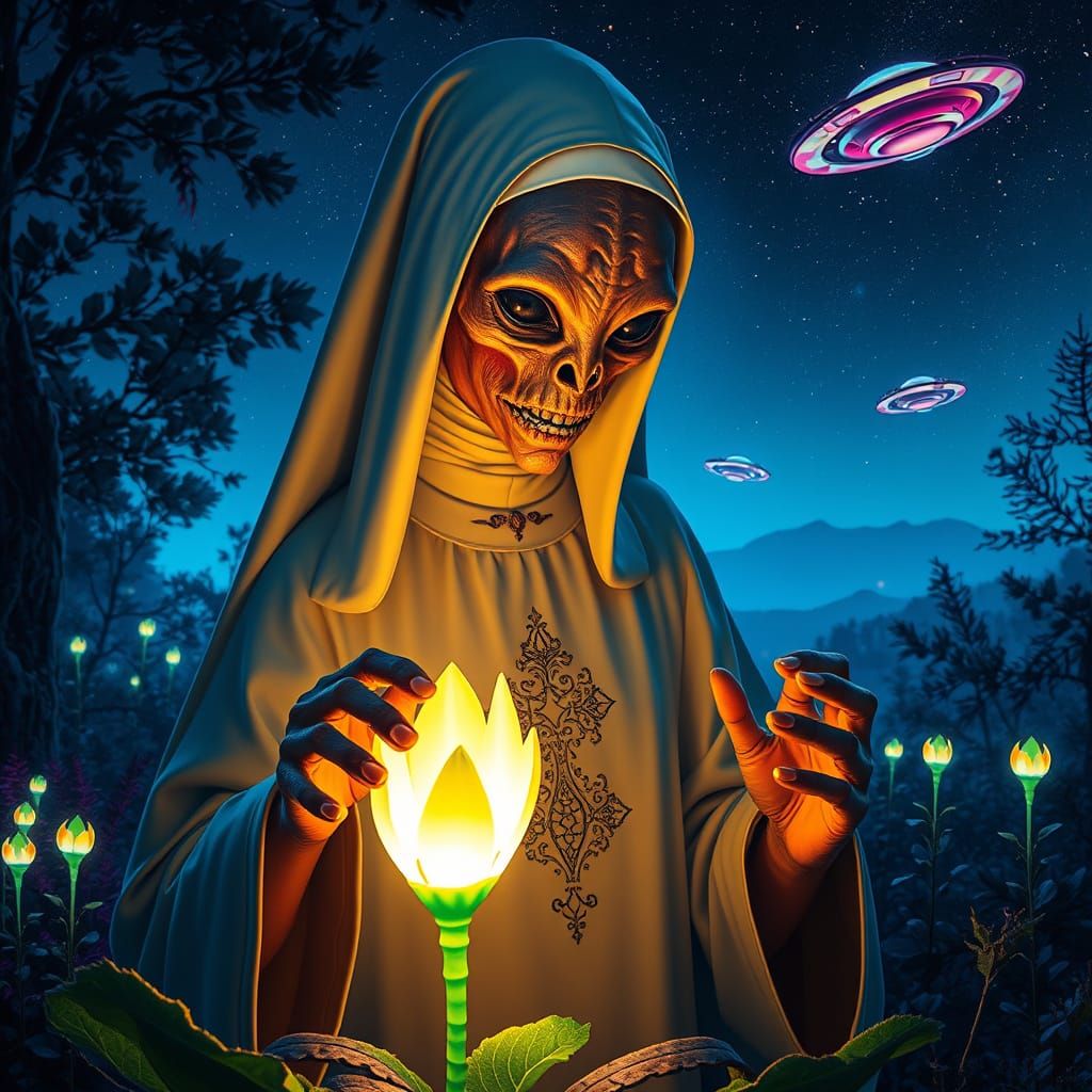 Alien Nun Gardening at Night: Sci-Fi Splash Art