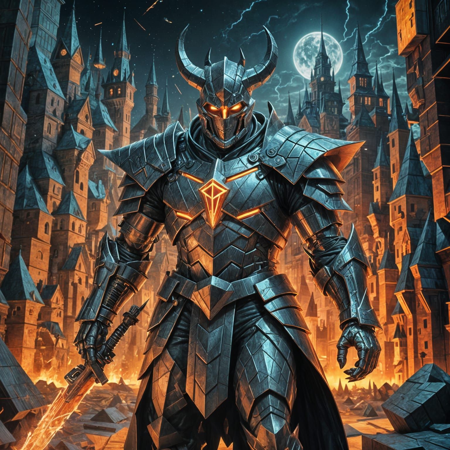 Surreal Glowing Cubist Demon Knight in Dreamscape