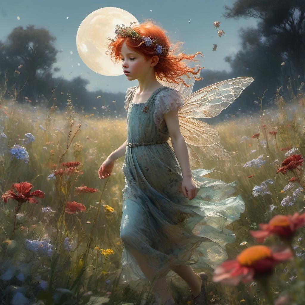 Red-Haired Fairy in Wildflower Field: Digital Art