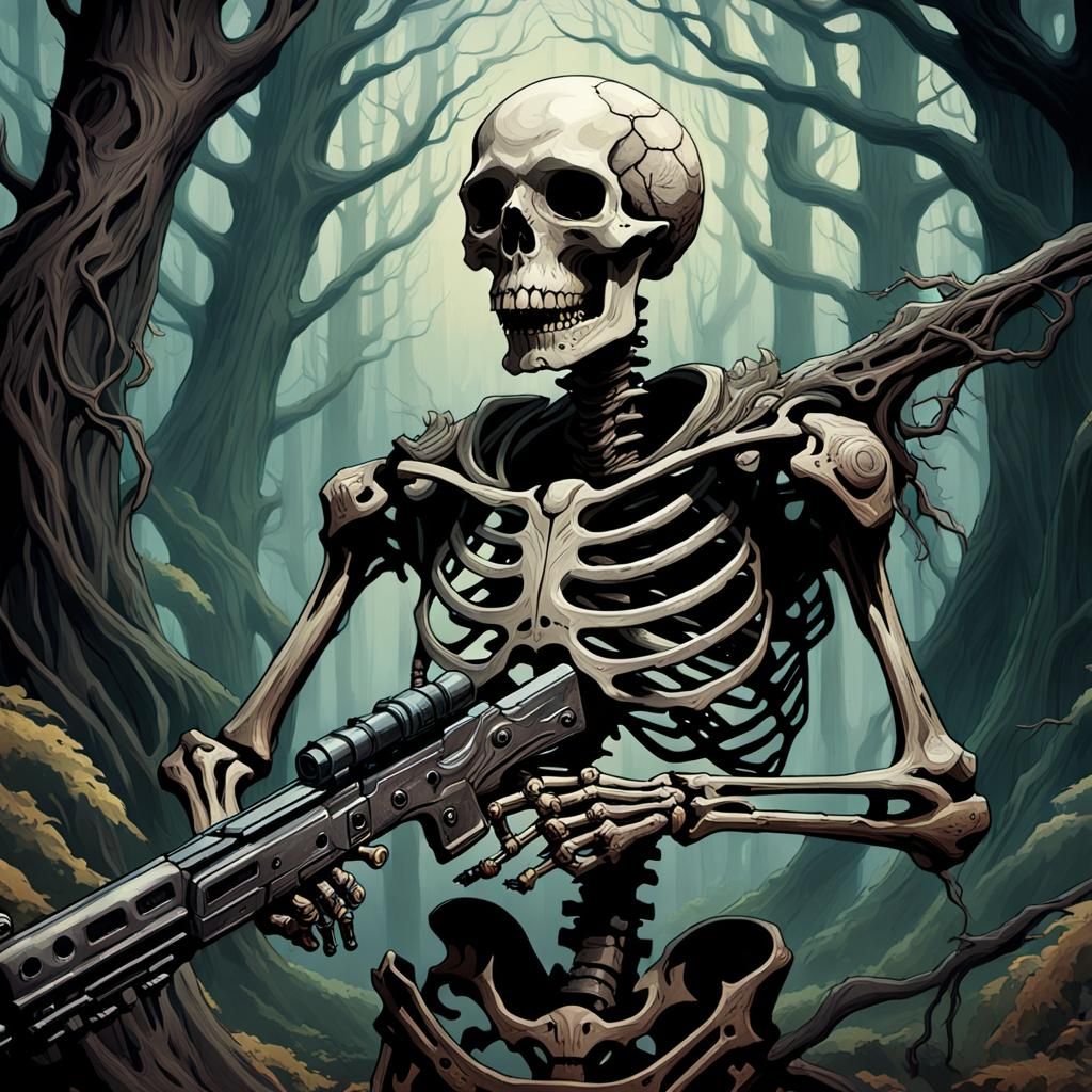 Skeleton Warrior in Mystical Forest, Art Nouveau Style